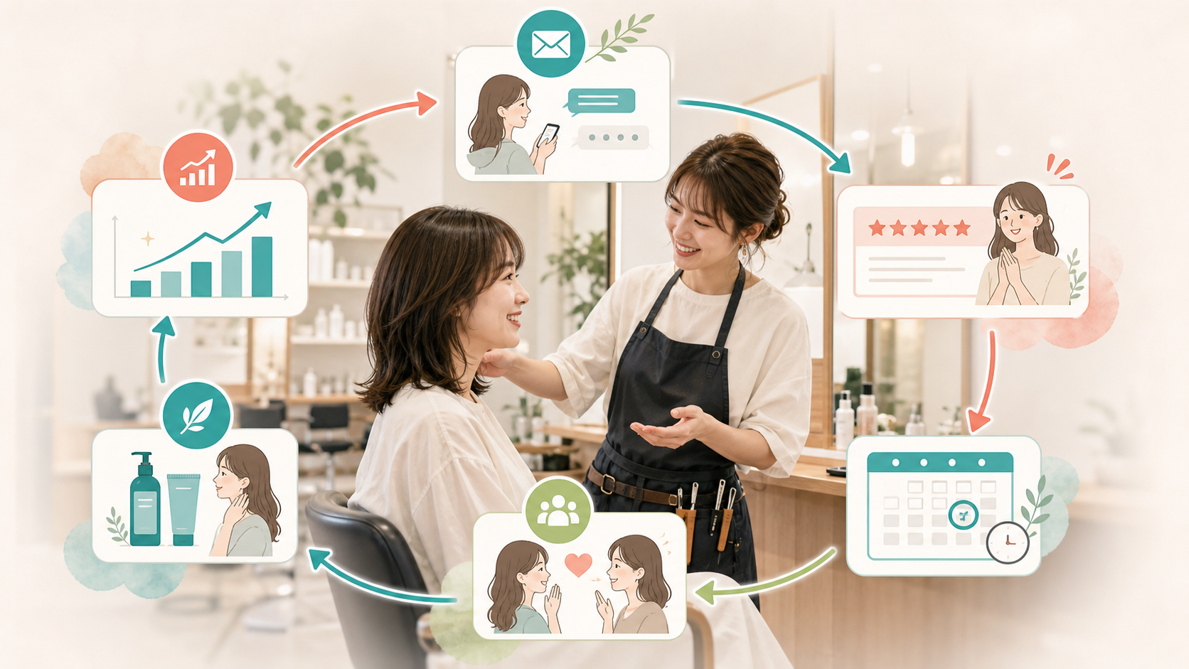 美容室オープン後の来店者フォローと集客改善を表すイメージ