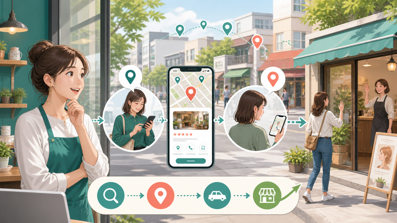 MEO対策が注目される理由と来店までの流れを表すイメージ