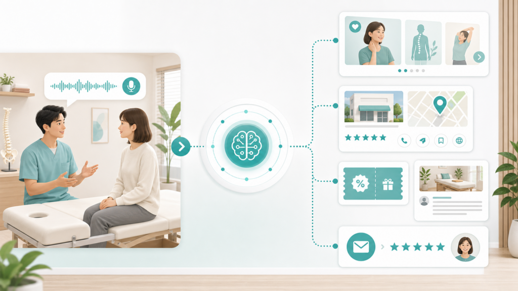AI-BOUZの機能として施術中の会話がそのまま集客素材になるというメリットについて紹介