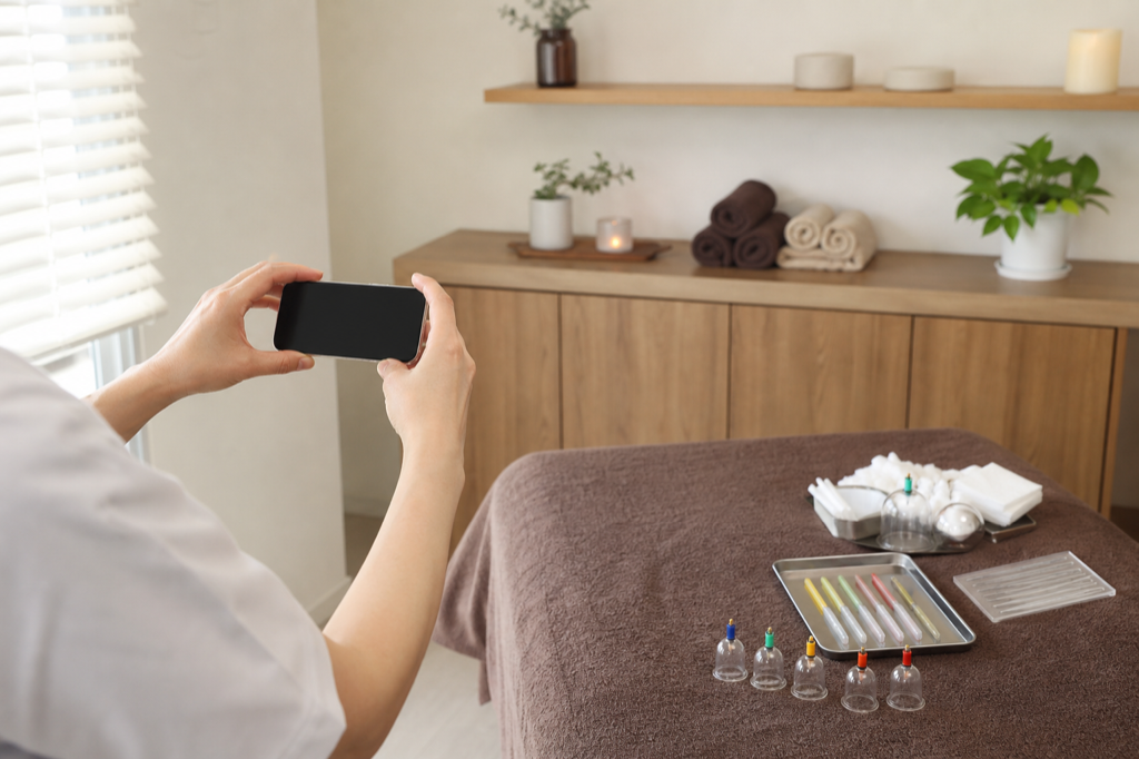 美容鍼サロンの施術風景をスマートフォンで撮影するスタッフ
