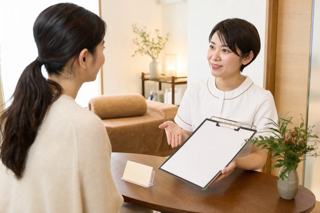 リピート来店に向けた施術プランを説明する美容鍼サロンスタッフ