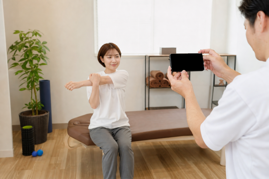 Instagram広告用のストレッチ動画を撮影する整体院スタッフ