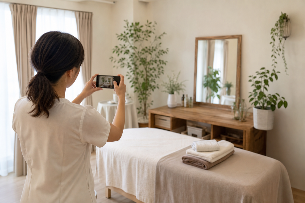 MEO対策用に美容サロンの施術室をスマートフォンで撮影する様子
