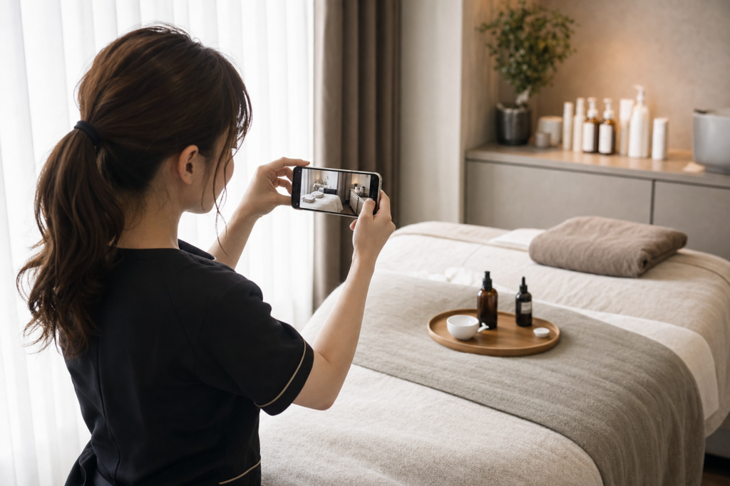 インスタ広告用にエステサロンの施術室をスマートフォンで撮影するスタッフ