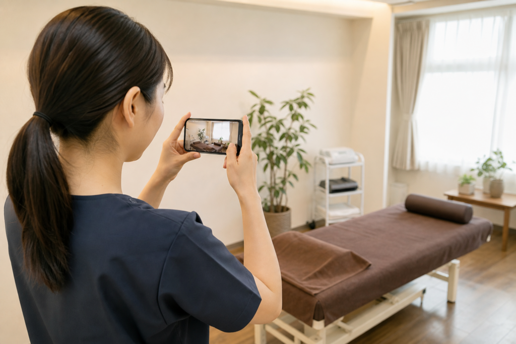 ランディングページ掲載用の院内写真を撮影するスタッフ