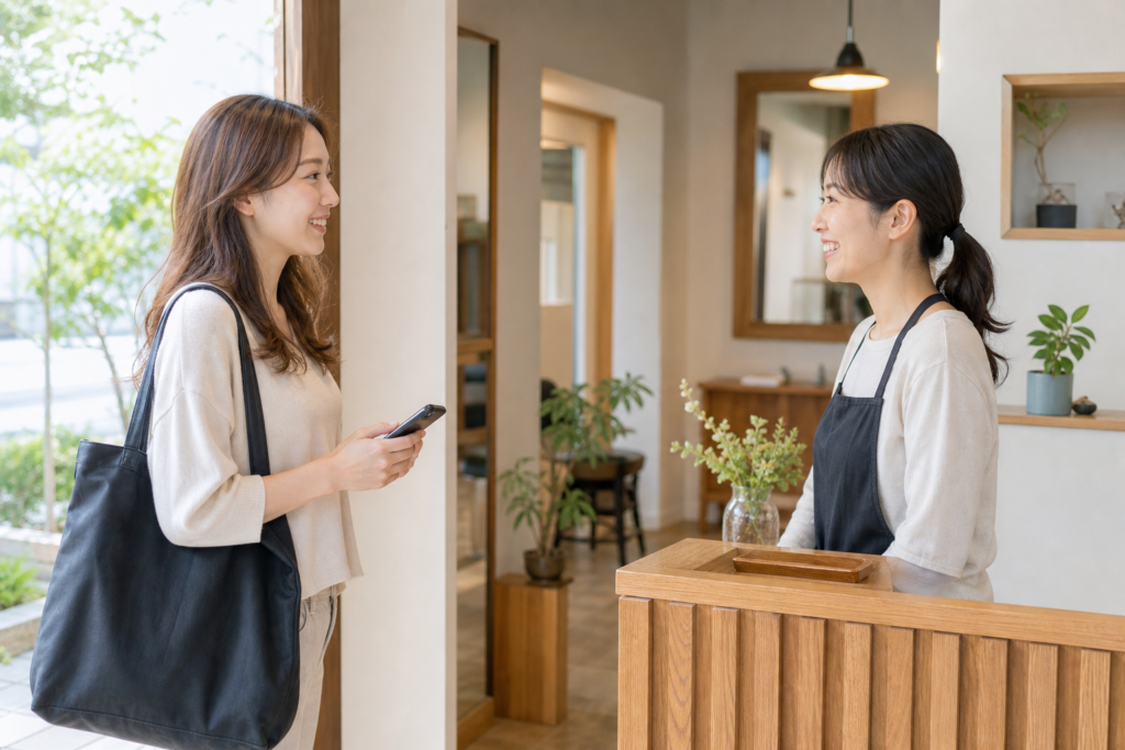 スマートフォンで予約しサロンへ来店した新規のお客様