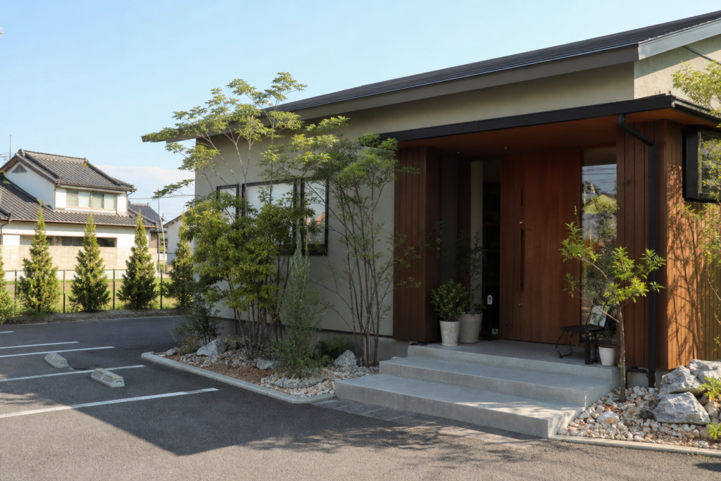 地方の住宅街にある駐車場付きのサロン外観