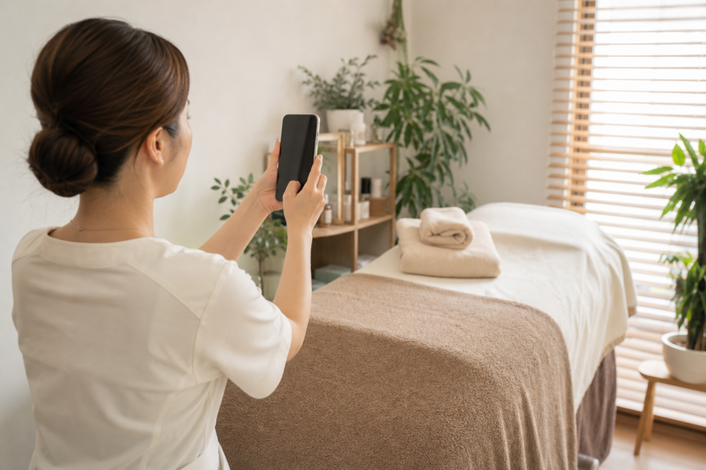 SNS投稿用に施術室をスマートフォンで撮影するサロンオーナー
