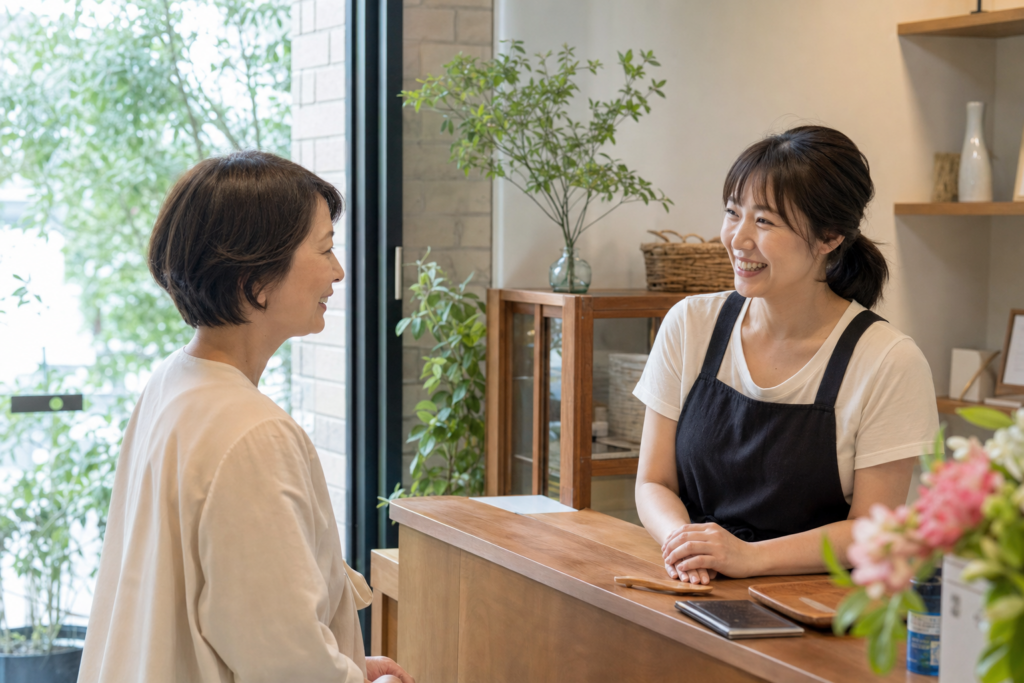 施術後のお客様と会話し口コミにつながる信頼を築くサロンオーナー