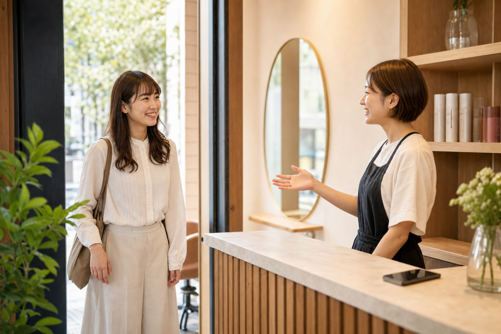 地域のサロンで再来店のお客様を迎えるサロンオーナー