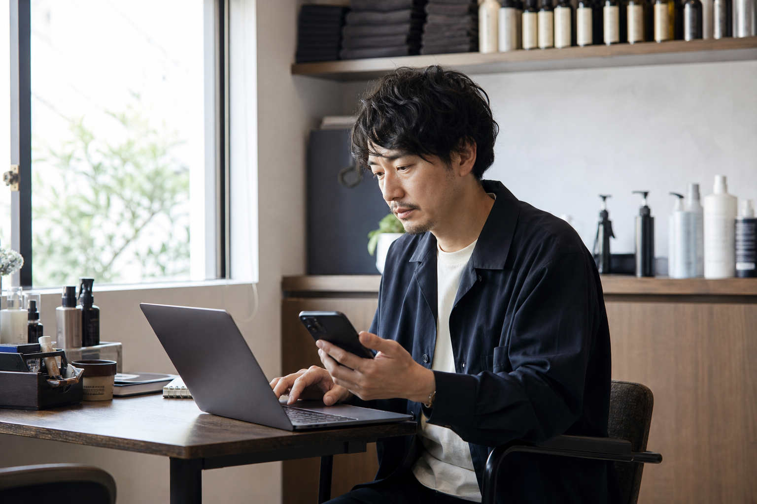パソコンとスマートフォンで美容室のLLMOに関する情報を確認するサロンオーナー