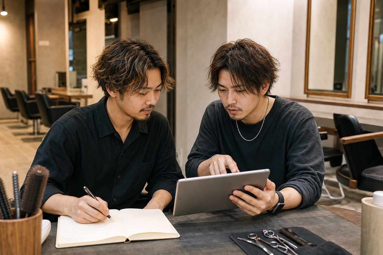 タブレットとノートを使って施術知識を共有する美容師