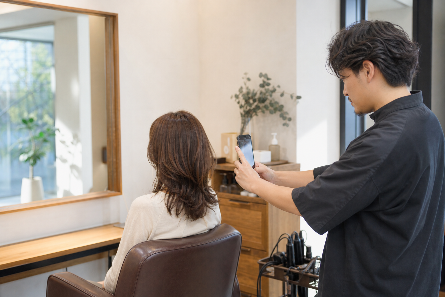 仕上がったヘアスタイルをスマートフォンで撮影する美容師