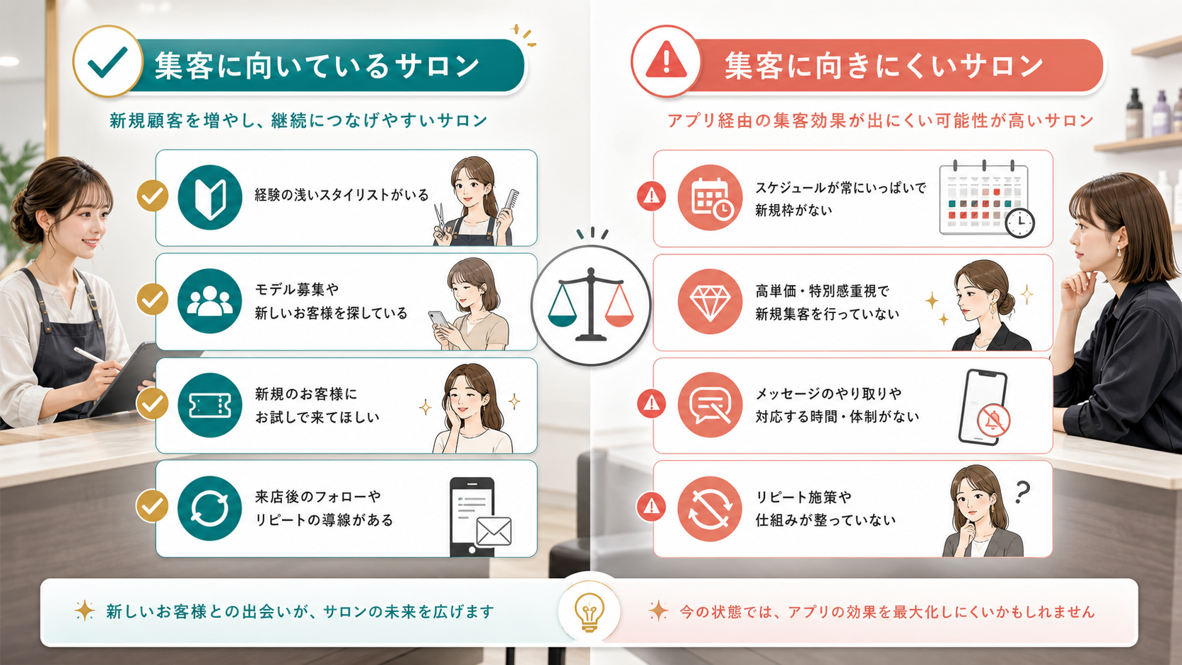 ミニモ集客が向いているサロンと向いていないサロンを比較する図解