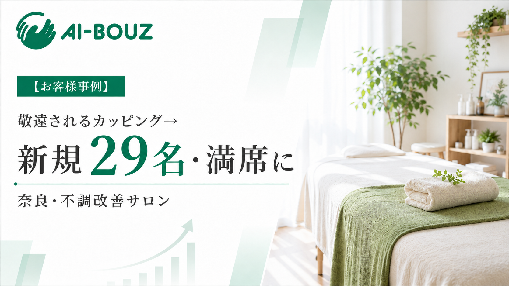 【AI-BOUZ お客様事例】万人ウケしないと方向転換まで考えたカッピング・東洋医学の施術で、月2人が新規29名・満席に。奈良・女性の不調改善サロン