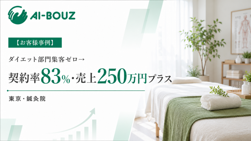 【AI-BOUZ お客様事例】集客ゼロだった東京・北区の鍼灸整体院が、ひと月で新規15人・契約率83%・売上250万円上乗せに