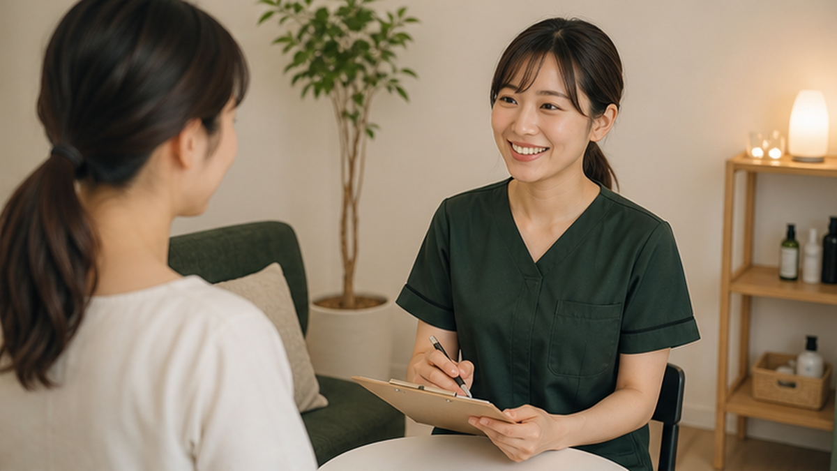 プライベートサロンで施術者がお客様にカウンセリングするイメージ