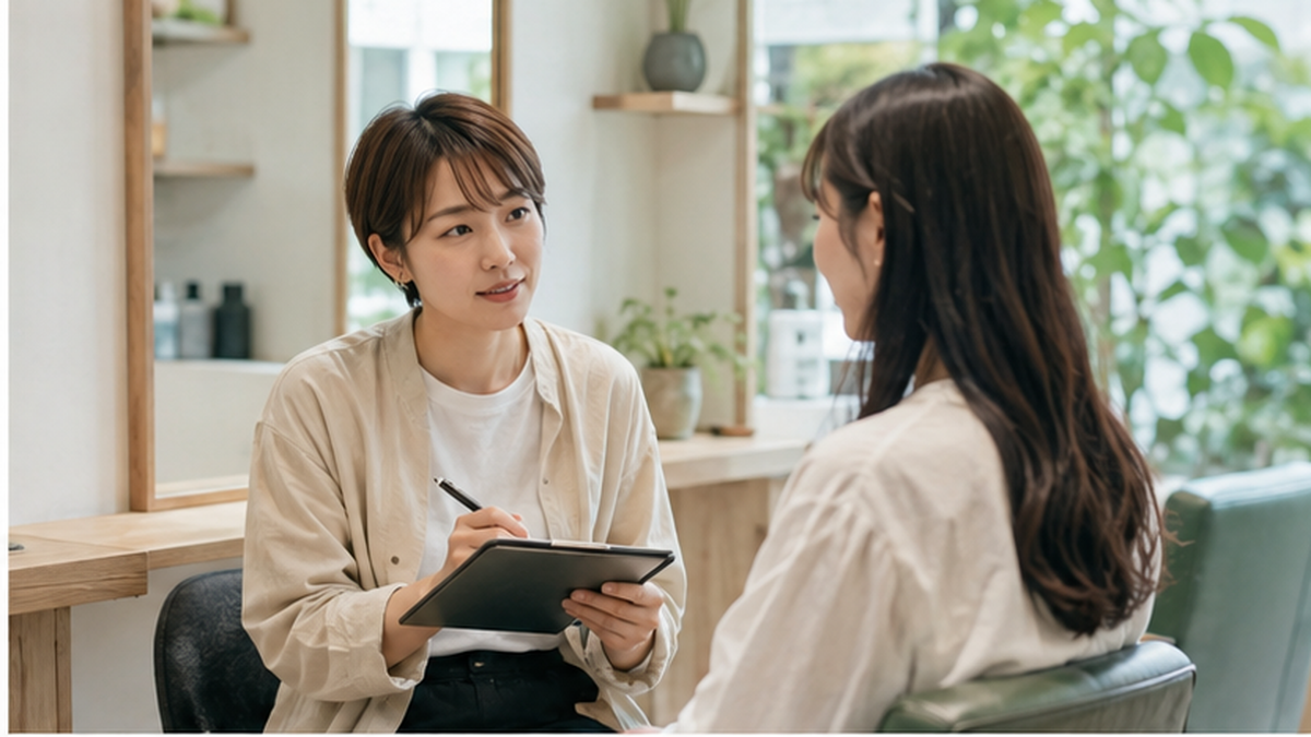 シェアサロンでフリーランス施術者がお客様と相談するイメージ